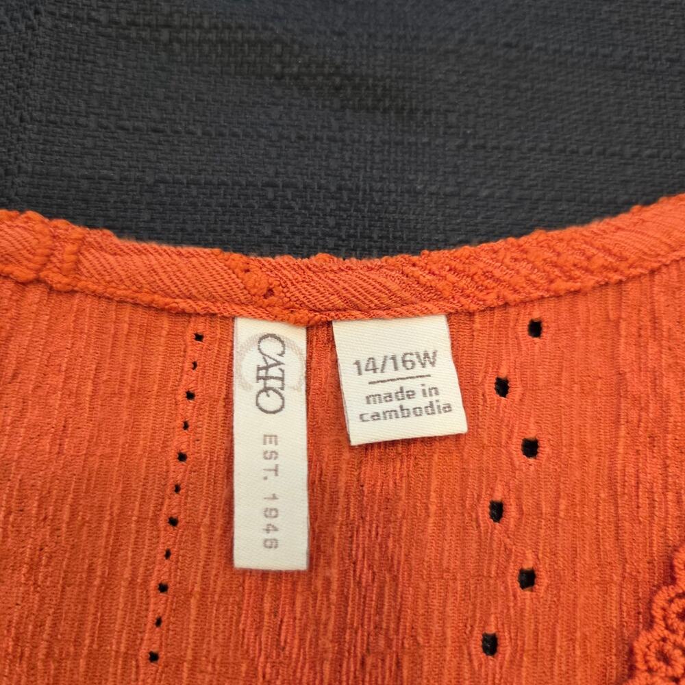 Cato Boho Orange Lace Trim Peasant Tunic Blouse Womens Size 14 16W - Picture 10 of 12